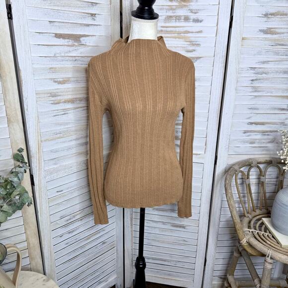MADEWELL Women's Leaton M Lightweight Ribbed Mock Sweater Heather Caramel Brown - Picture 4 of 15